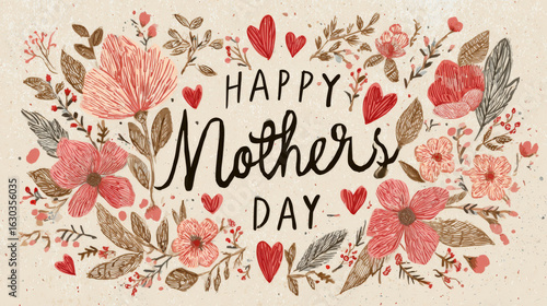 beautiful happy mother's day typography with decorative flowers and hearts. versatile design for creating cards, posters, and heartfelt digital messages.