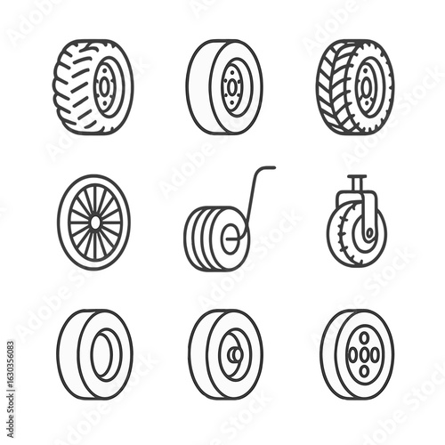 Wheel Types Icons. Outline icon set of wheel types by environment: off-road tire, slick tire, snow tire, racing wheel, mountain