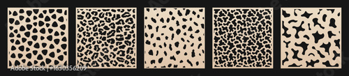 Vector set of laser cut patterns. Square cutting template with abstract ornament, organic shapes, animal prints. Decorative stencils for CNC cut of paper, metal, plastic, wood, plastic. Ratio 1:1