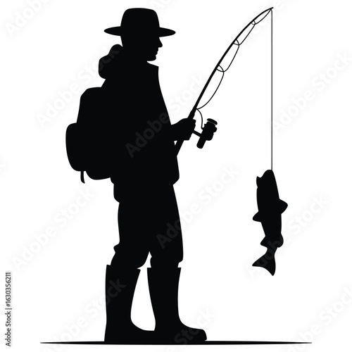 Illustration of fisherman silhouette with caught fish isolated on white background