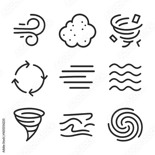 Whirlwind Icon Set. Outline icon set of whirlwind dynamics: swirling wind, dust cloud, debris swirl, funnel shape, rotating arrows