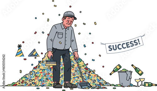 Janitor cleaning confetti after party, success celebration aftermath