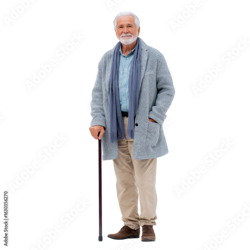 Elderly man with cane isoleted on transparent background.
