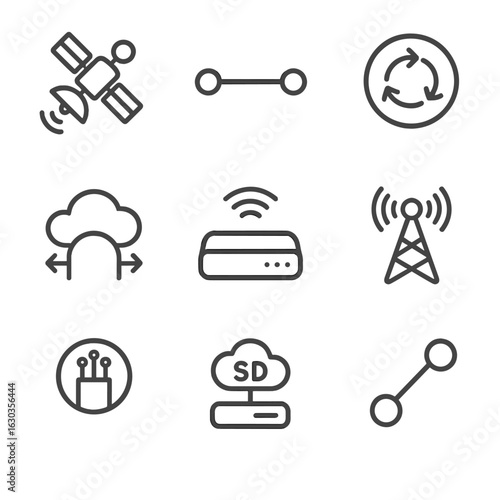 Wi-Fi and WAN Icons. Outline icon set of public Wi-Fi locations: airport Wi-Fi, hotel Wi-Fi, library Wi-Fi, park Wi-Fi, mall Wi-Fi