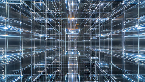 Fototapeta Naklejka Na Ścianę i Meble -  Ai generated image of a complex grid structure creates a futuristic and technological abstract pattern with geometric cubes and a sense of perspective