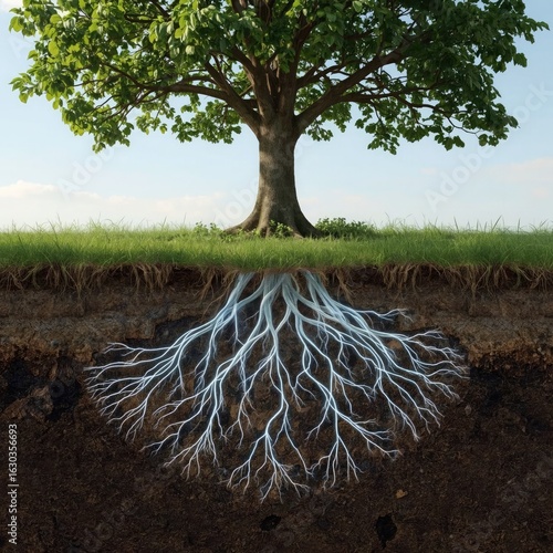 A majestic tree stands tall above lush green grass, revealing intricate roots extending deep into the ground.