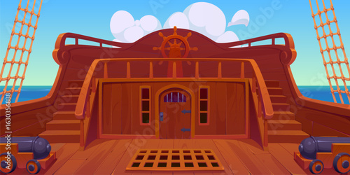 Pirate ship stern deck with steering wheel, shrouds and cannons. Cartoon vector game background of corsair sails board interior with rope ladders, wooden railings, and a ocean view under a cloudy sky
