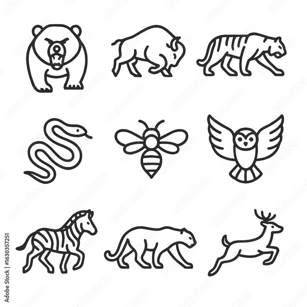 Naklejka premium Wildlife Outline Icons. Outline icon set of untamed wildlife: fierce bear, charging bison, stalking tiger, jumping deer, crawling