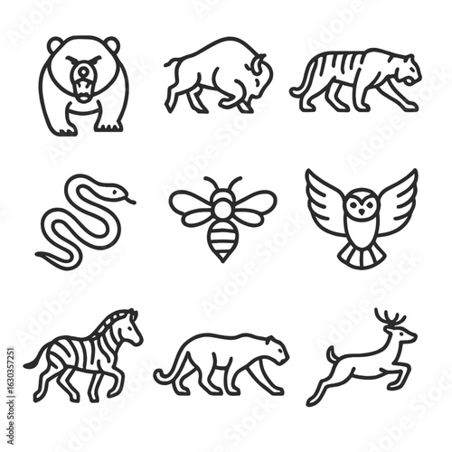Wildlife Outline Icons. Outline icon set of untamed wildlife: fierce bear, charging bison, stalking tiger, jumping deer, crawling