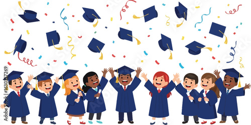 Happy graduates with confetti and graduation caps celebration event