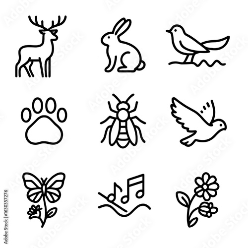 Wildlife and Physics Icons. Outline icon set of wildlife at first light: deer silhouette, rabbit outline, bird song wave, fox