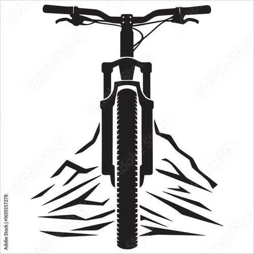 Mountain Bike and Mountain Silhouette - Front View