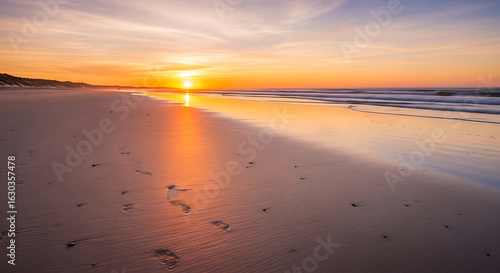 Wallpaper Mural Sunrise over a beach, with footprints in the wet sand, reflecting the golden light. Torontodigital.ca