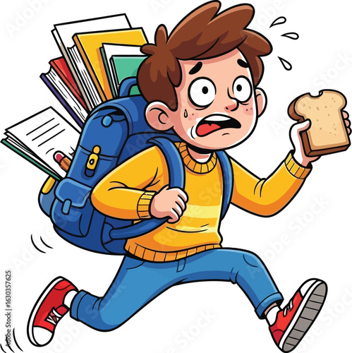 Running late to school with backpack, books, and a piece of toast