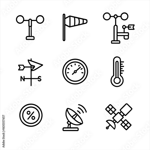 Wind Measurement Icons. Outline icon set of wind measurement tools: anemometer, wind sock, weather station, wind vane, barometer,