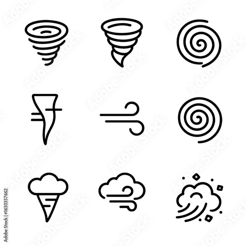 Wind Phenomena Icons. Outline icon set of wind phenomena: whirlwind, tornado, cyclone, dust devil, gust, vortex, funnel cloud,