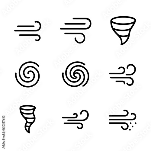 Wind Phenomena Icons. Outline icon set of wind phenomena: breeze, gust, tornado, hurricane, cyclone, whirlwind, dust devil, zephyr