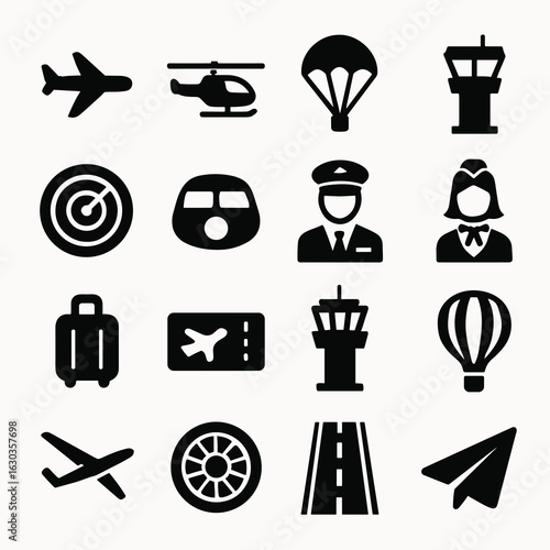 16 Aviation Silhouette Icons in 4x4 Grid – Airplane, Helicopter, Pilot, Airport Elements