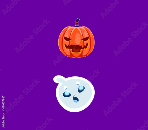 Halloween font colon ghost and pumpkin characters. Halloween monster personage English ABC special symbol, Jack o Lantern and funny ghost character font vector punctuation sign. Latin alphabet element