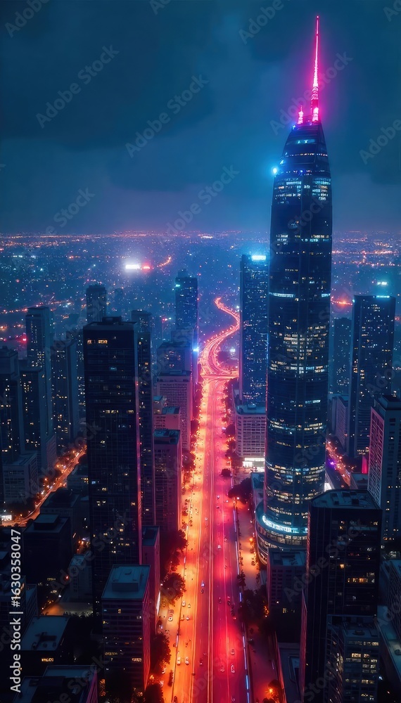 Fototapeta premium Futuristic city skyline at night, glowing with vibrant, innovative lighting technology A vision of advanced urban design and sustainable energy solutions , innovation, bright, futuristic city
