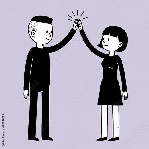 Minimalist cartoon man and woman high five