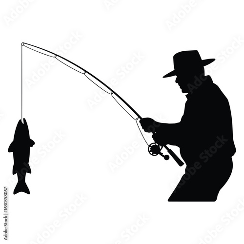 Illustration of fisherman with caught fish isolated on white background
