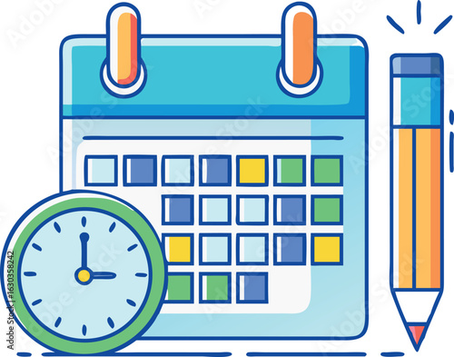 Calendar, clock, and pencil create simple time management arrangement on a white background