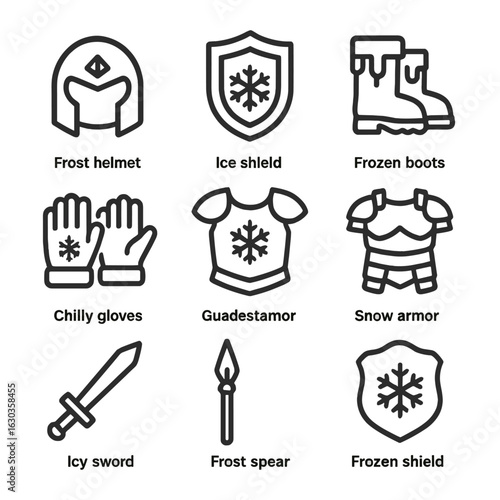 Winter Defense Icon Set. Outline icon set of winter defense gear: frost helmet, ice shield, frozen boots, chilly gloves, glacial
