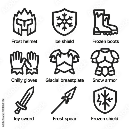 Winter Defense Icon Set. Outline icon set of winter defense gear: frost helmet, ice shield, frozen boots, chilly gloves, glacial