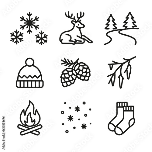 Winter Stillness Icons. Outline icon set of winter stillness: frost crystals, resting elk, snow-covered path, wool hat, pinecone