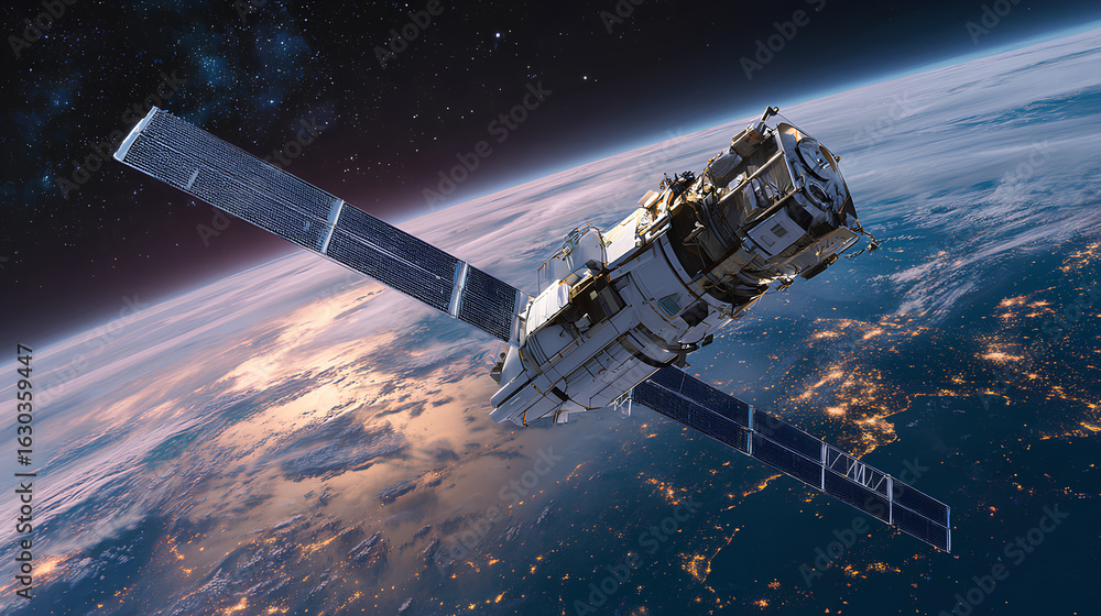 Obraz premium Sleek High-Tech Artificial Satellite Orbiting Earth Amid Twinkling Stars Stock Illustration