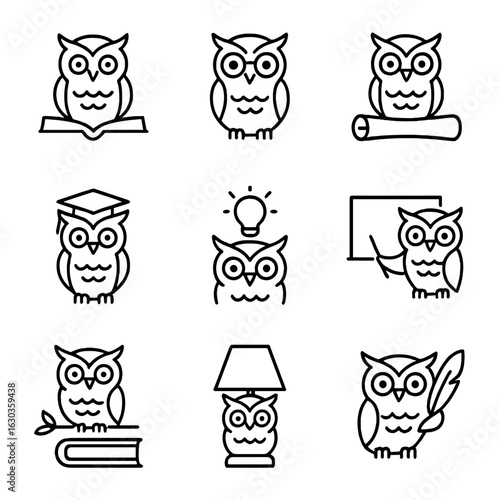 Wisdom Owls Icon Set. Outline icon set of wisdom symbolism: owl with book, owl wearing glasses, owl on scroll, owl with graduation