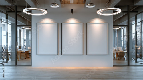 Three blank frames in modern office space