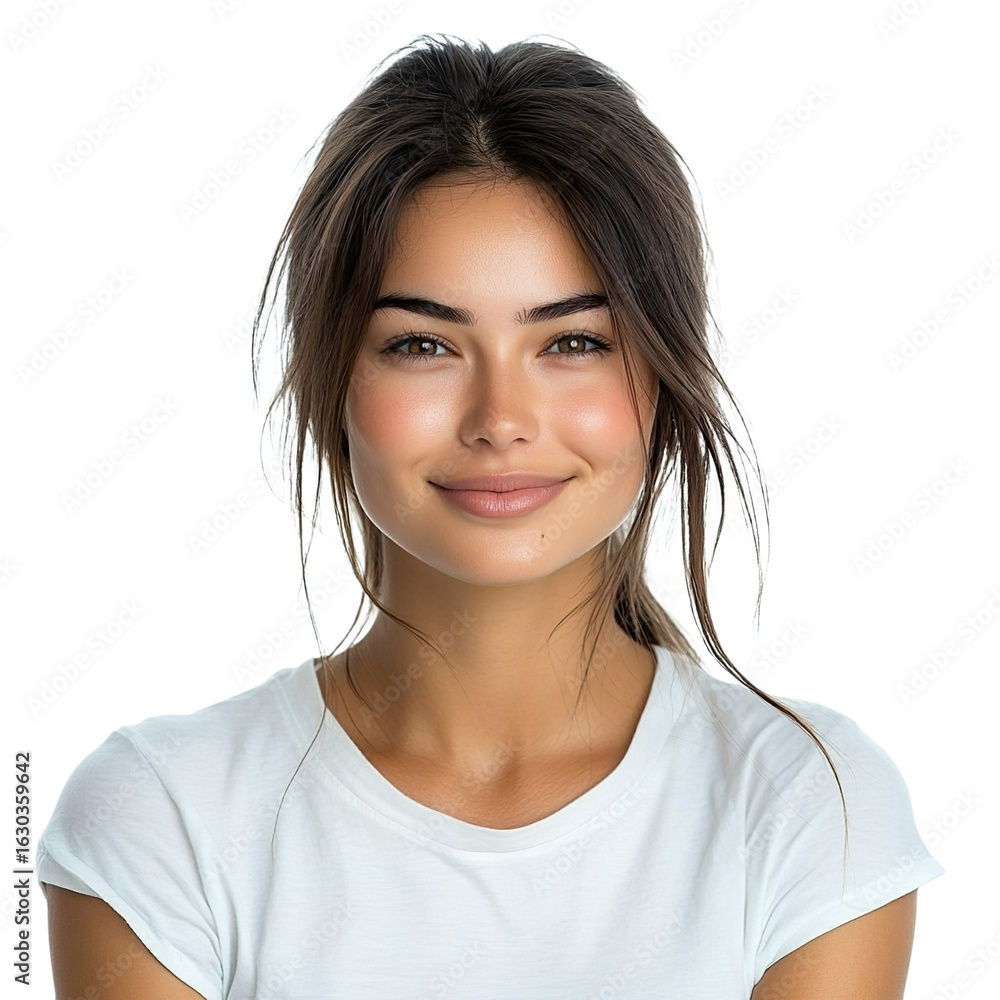Fototapeta premium Front view close up of an extremely beautiful young woman from Uzbekistan in a white t-shirt smiling isolated on a white transparent background
