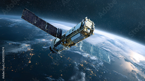 Sleek High-Tech Artificial Satellite Orbiting Earth Amid Twinkling Stars Stock Illustration