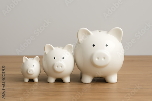 Three white piggy banks of varying sizes lined up
