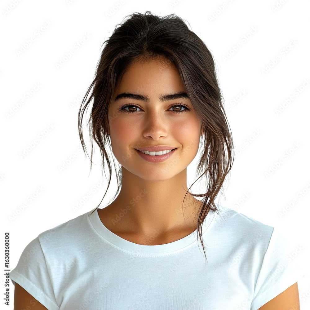 Fototapeta premium Front view close up of an extremely beautiful young woman from Armenia in a white t-shirt smiling isolated on a white transparent background