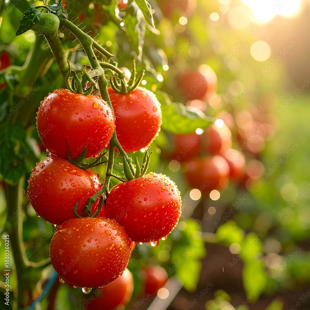 Obraz premium Fresh tomatoes on vine, glistening with dew drops