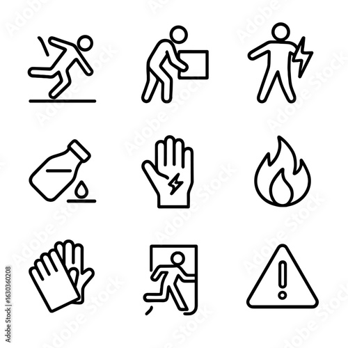 Workplace Safety Icons. Outline icon set of workplace injuries: falling hazard, heavy object, electrical shock, chemical spill,