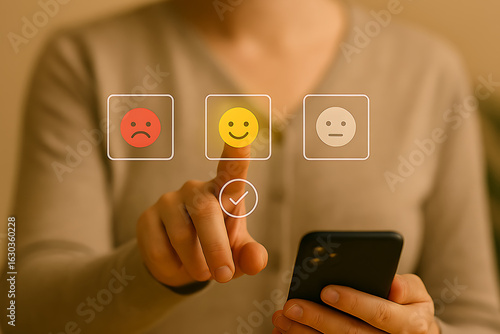 Customer selects a happy face emoji on a touchscreen interface