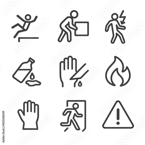 Workplace Safety Icons. Outline icon set of workplace injuries: falling hazard, heavy object, electrical shock, chemical spill,