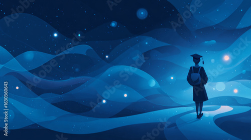 Educational trajectory, successful education journey, academic achievment and growth futuristic concept in glowing low polygonal style on blue background. Modern abstract design vector illustration