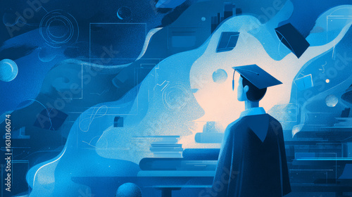 Educational trajectory, successful education journey, academic achievment and growth futuristic concept in glowing low polygonal style on blue background. Modern abstract design vector illustration