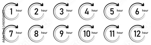 Set of 12 circular clock icons showing 1 to 12 hours with bold numbers and clockwise arrows. Perfect for time management, scheduling, deadlines, and business presentations.