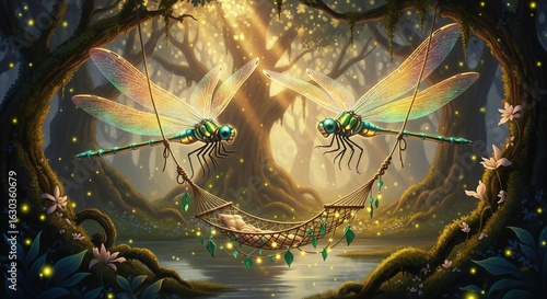 Two dragonflies holding a hammock in an enchanted forest clearing