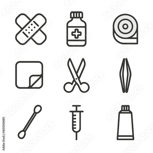 Wound Care Icons. Outline icon set of wound treatment: bandage, antiseptic bottle, medical tape, gauze pad, scissors, tweezers,