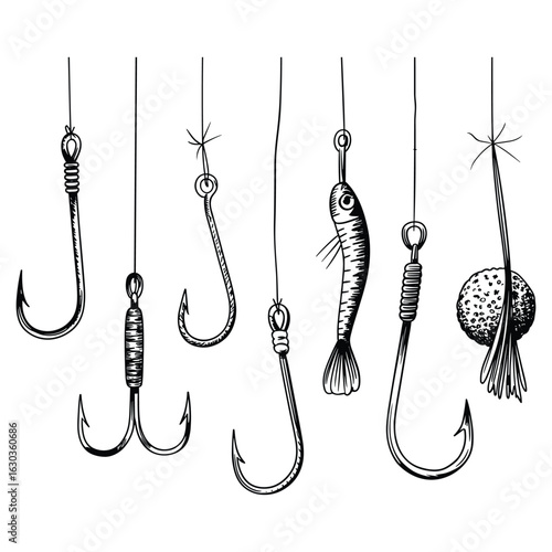 Illustration of fishing hooks and bait isolated on white