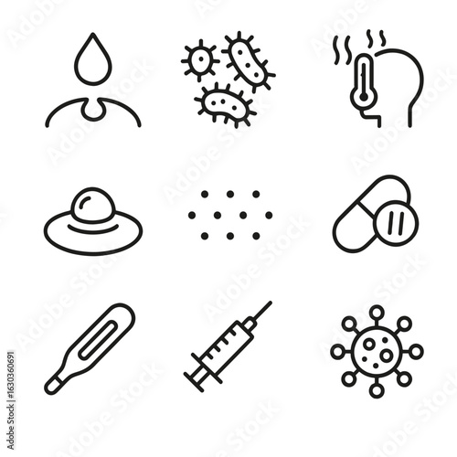 Wound Infection Icons Set. Outline icon set of wound infection signs: pus droplet, bacteria icon, fever symbol, swollen tissue,