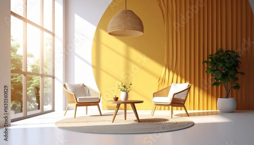a modern interior with minimalistic yellow furniture and morning sunlight lighting