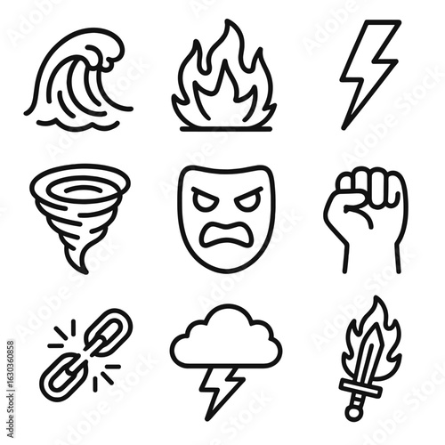 Wrathful Forces Icons. Outline icon set of wrathful forces: crashing wave, fire explosion, thunderbolt, tornado funnel, angry mask